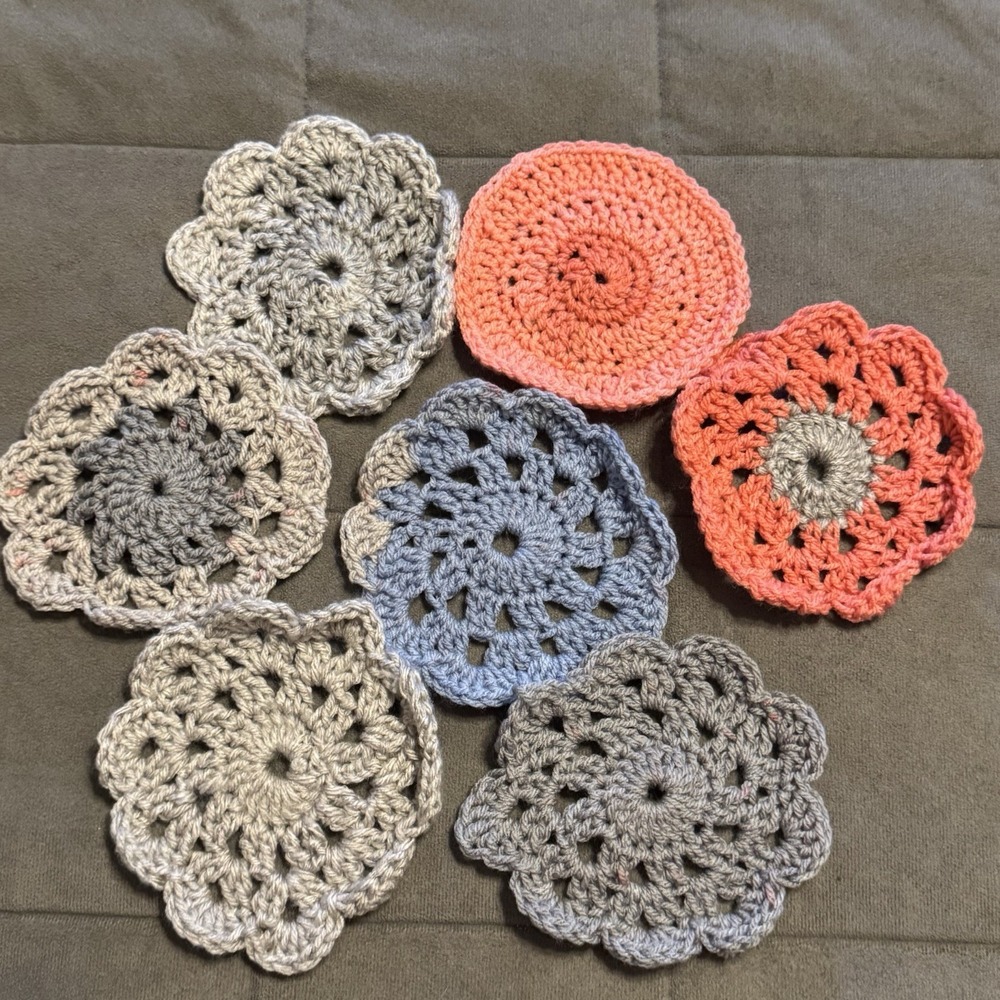 Vintage Handmade Crochet Flower Coasters Set of 7 Round Drink Mats 5"
